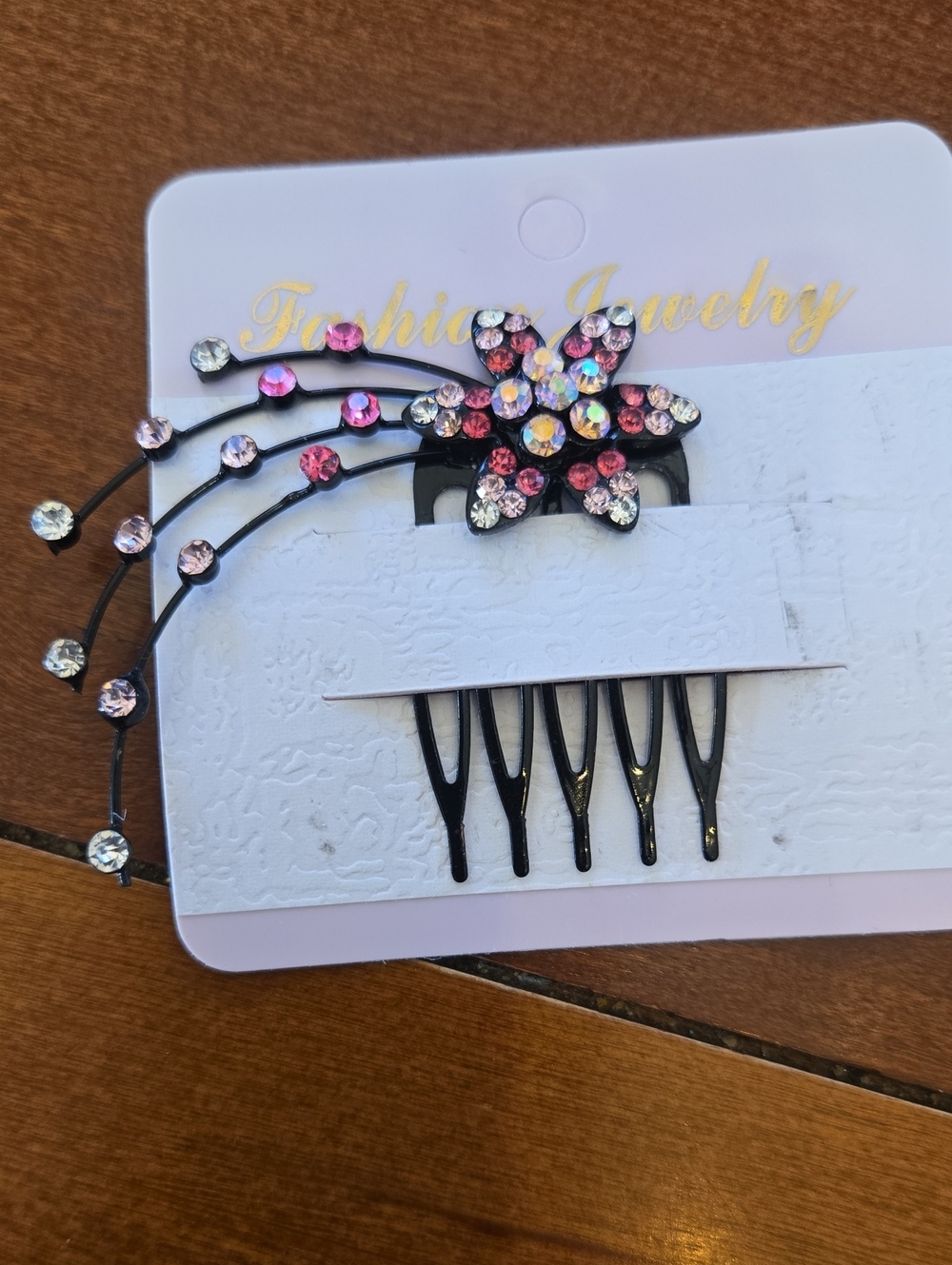 Fashion Jewelry Pink and Clear Rhinestone Butterfly Hair Comb